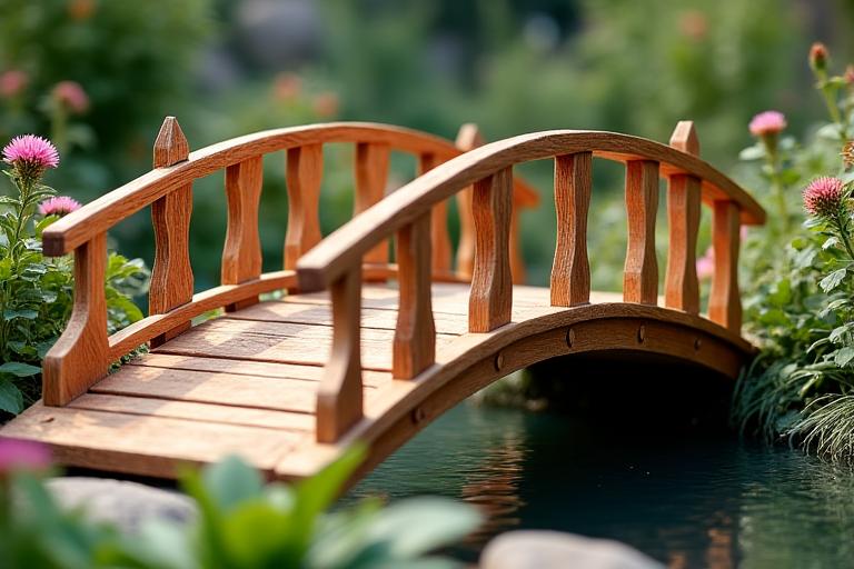 Maßgeschneiderte Holzbrücke in Gartenlandschaft